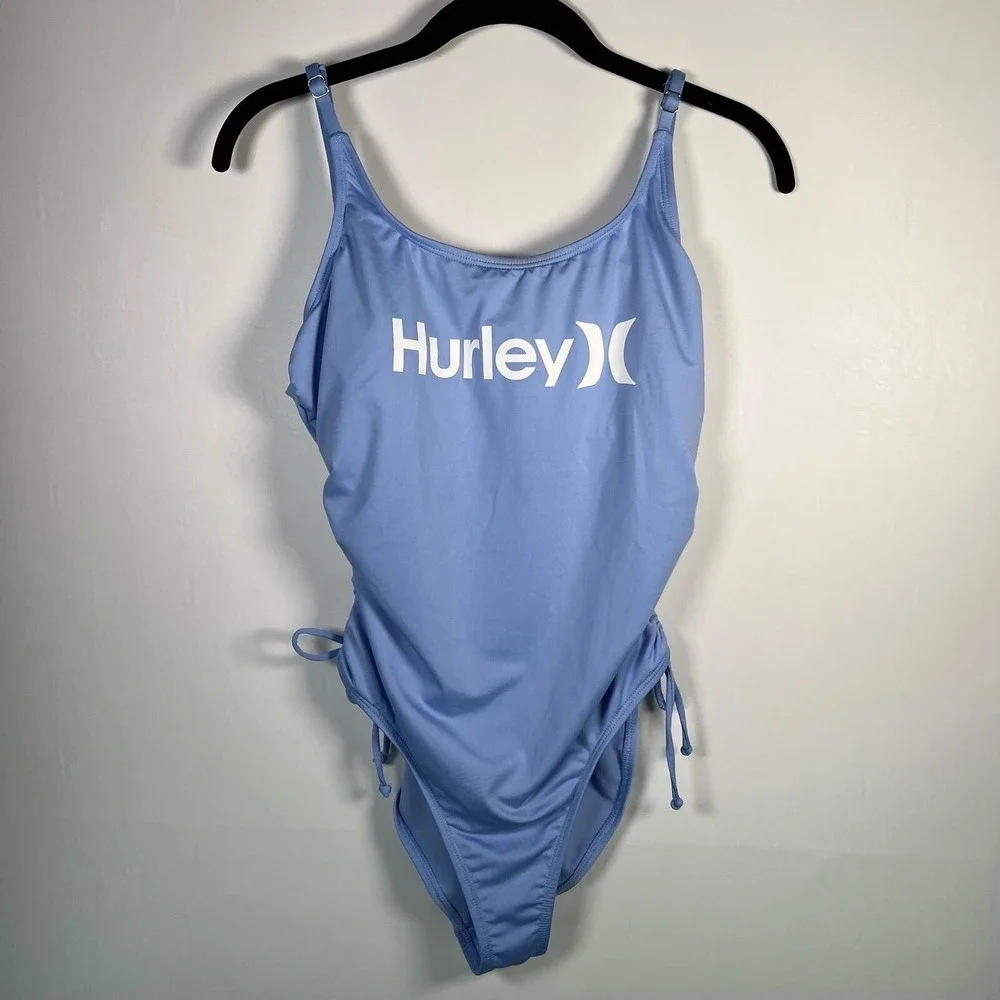 NWT Hurley Light Blue One Piece Swimsuit Front Logo Ruched Sides HURN23017 LARGE